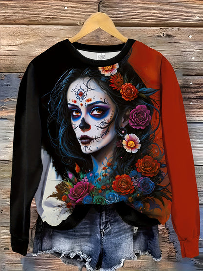 Sudadera con estampado floral y calavera punk vibrante del Día de los Muertos: jersey de manga larga con cuello redondo informal y suave para otoño/invierno con ajuste relajado y tela acogedora