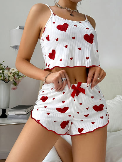 Adorable Heart Print Casual Short PajamaSet