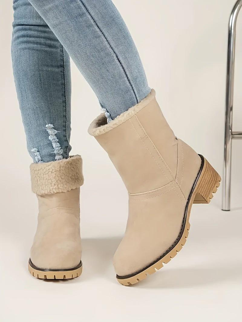 Cozy Winter Chunky Heel Boots - Soft Plush Lined, Slip-On Design, Comfortable Ankle Support, Warm Insulation, Casual Style for Daily Wear - Perfect for Cold Weather - LuxyXO