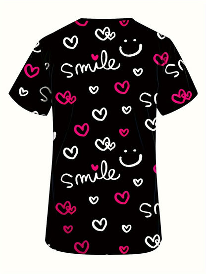 Heart Print Scrub Top, Comfortable & Functional Health Care Uniform Perfect For Working With Children In Hospitals & Dental Office, Women's Work Clothing