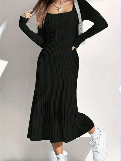 Women'S Ribbed Knit Long Sleeve Midi Dress, Casual Collar, Solid Color, Polyester, Fitted for Spring/Summer/Fall