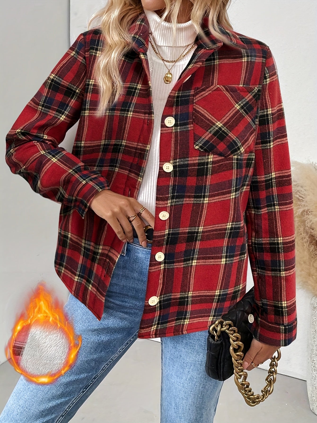 Women's Casual Plaid Long Sleeve Shirt with Fleece Lining and Pockets, Lapel Collar, Button Details, Woven Fall/Winter Jacket