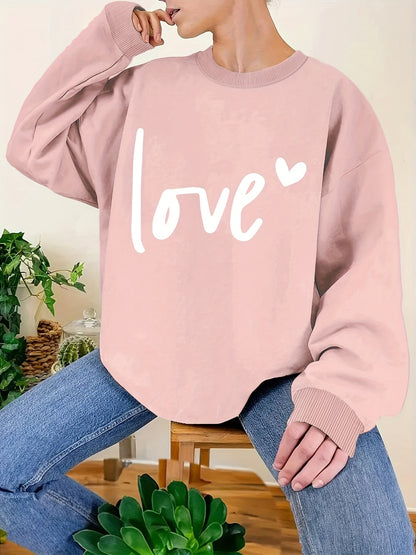 Plus Size Love Print Sweatshirt, Casual Long Sleeve Crew Neck Pullover Sweatshirt