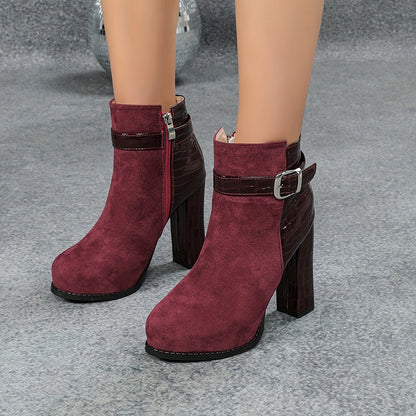 1pr Elegant Flannel Ankle Boots for Women - Solid Color Round Toe Zippered Comfort Boots with Block Heel, TPU Sole, and Flannel Lining for Winter - Motorcycle Style Short Boot with No Printing