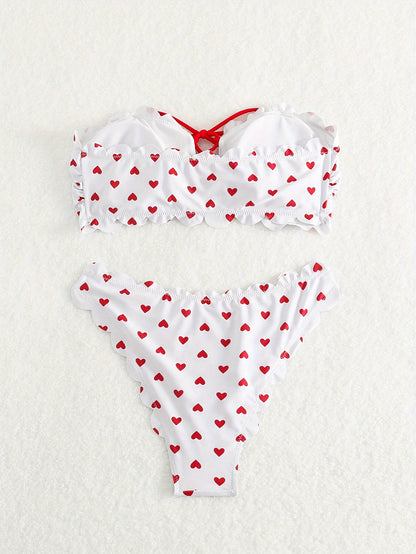 Heart Pattern Bandeau 2 Piece Set Bikini, Tube Top Scallop Trim Tie Front High Cut Swimsuits - Polyester & Spandex