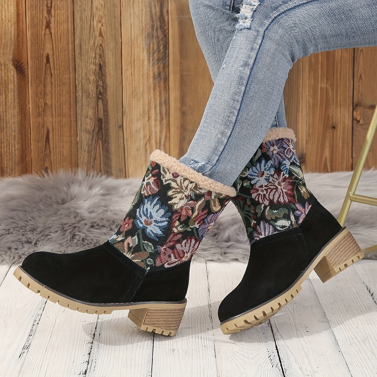 Women's Floral Print Fuzzy Boots, Slip On Soft Sole Chunky Heel Soft Sole Boots, Winter Non-slip Plush Snow Boots - LuxyXO