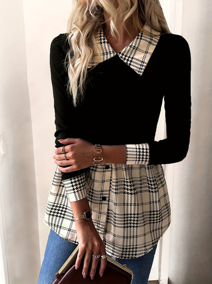 Elegant Long Sleeve Slim Collared 2-In-1 Plaid Chic Blouse