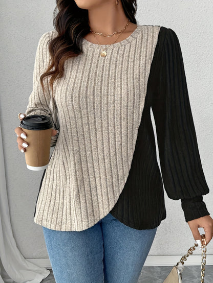 Plus Size Elegant Ribbed Knit T-Shirt - Stretchy & Soft, Long Sleeve with Asymmetrical Hem, Round Neck, Beige & Black Patchwork