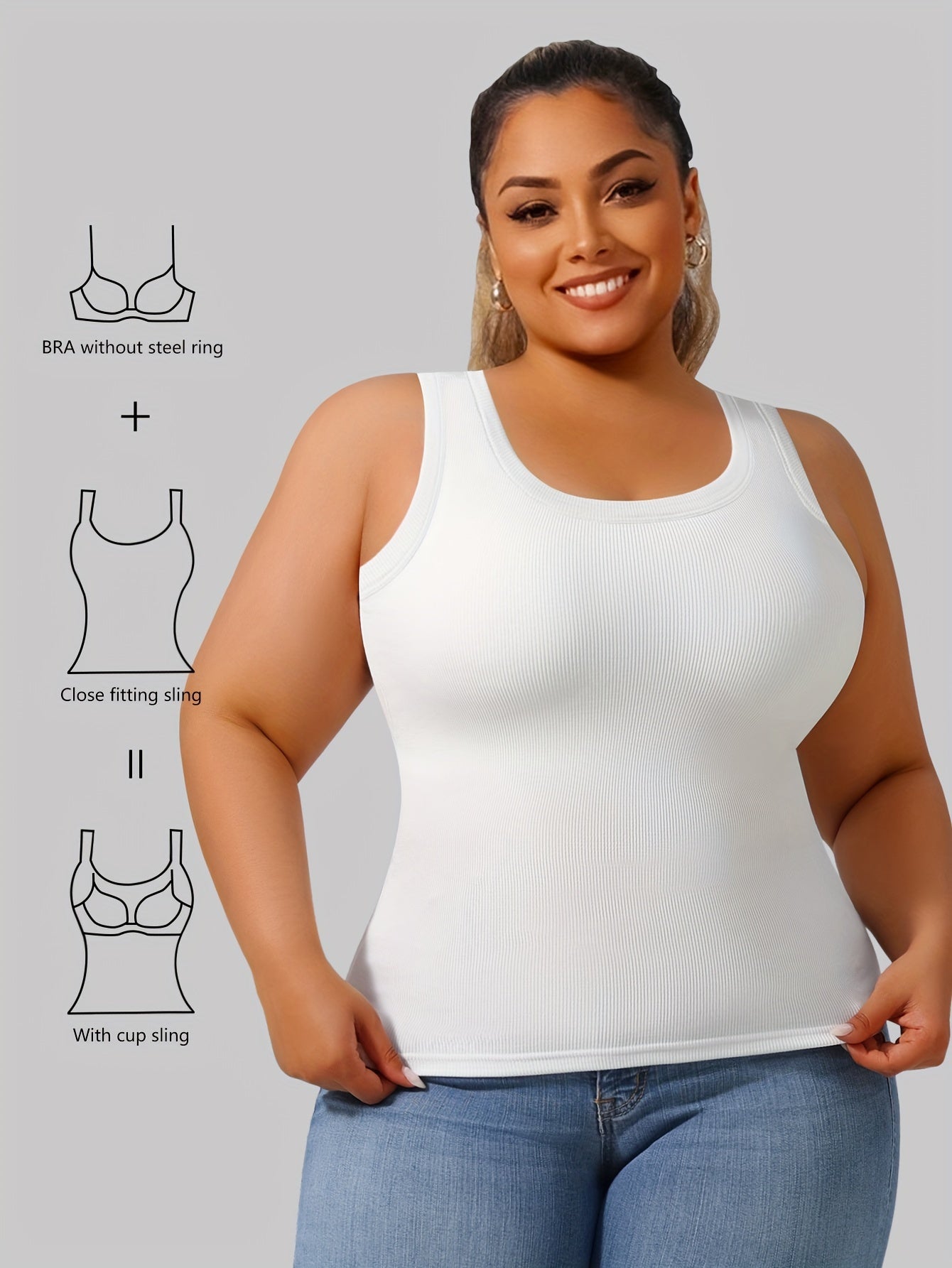 Chaleco moldeador simple de talla grande: modelador, corte ajustado, camiseta sin mangas 2 en 1 con tela acanalada sólida, diseño de cuello redondo, cómodo y transpirable para uso diario, ideal para mujeres con curvas