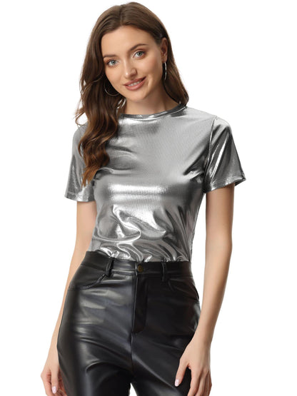 Camiseta holográfica brillante para mujer, mezcla de dacrón y licra, cuello redondo, largo normal, color liso, tela tejida, para verano, estilo sexy