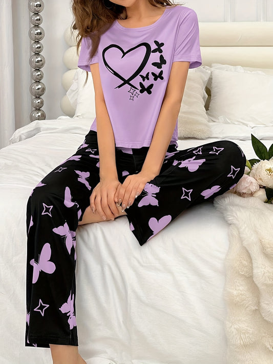 Conjunto de pijama con estampado de corazones y mariposas para mujer: blusa suave de cuello redondo y mangas cortas y pantalones cómodos de corte relajado con tela transpirable para un sueño reparador, ideal para descansar