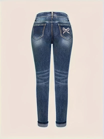 Women's Plus Size Skinny Jeans - Embroidered Geometric Pattern, Denim Cotton Blend with Stretch, Medium Stretch Fabric, Casual Style for All-season Wear - Woven Denim Material (75% Cotton, 23% Polyester, 2% Spandex)