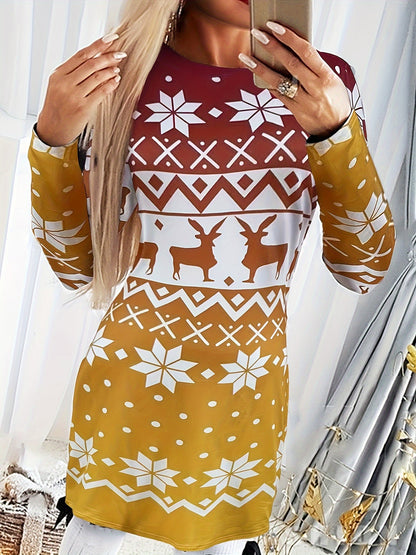 Christmas Deer Print Bodycon Dress, Casual Crew Neck Long Sleeve Mini Dress, Women's Clothing