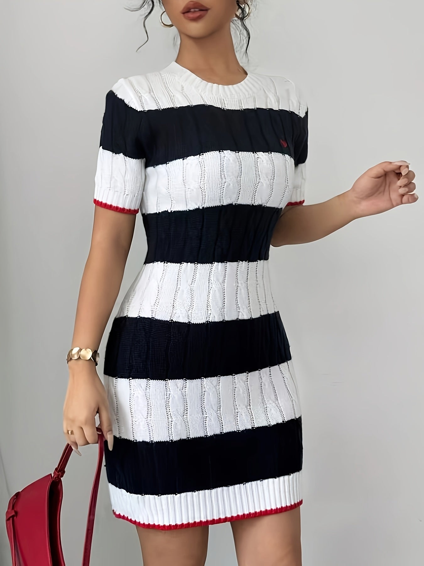 Chic Striped Knit Mini Dress for Women - Casual Short Sleeve, Round Neck with Color block Detail