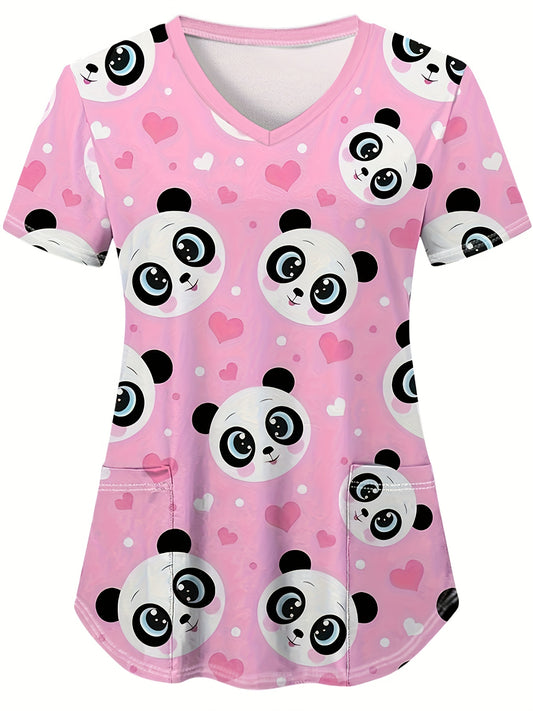 Stylish Panda Print V-Neck Scrub Top for Women - Soft, Breathable, and Functional with Pocket - Comfortable Health Care Uniform for Doctor, Nurse, Dentist, Machine Washable, Short Sleeve, Regular Length