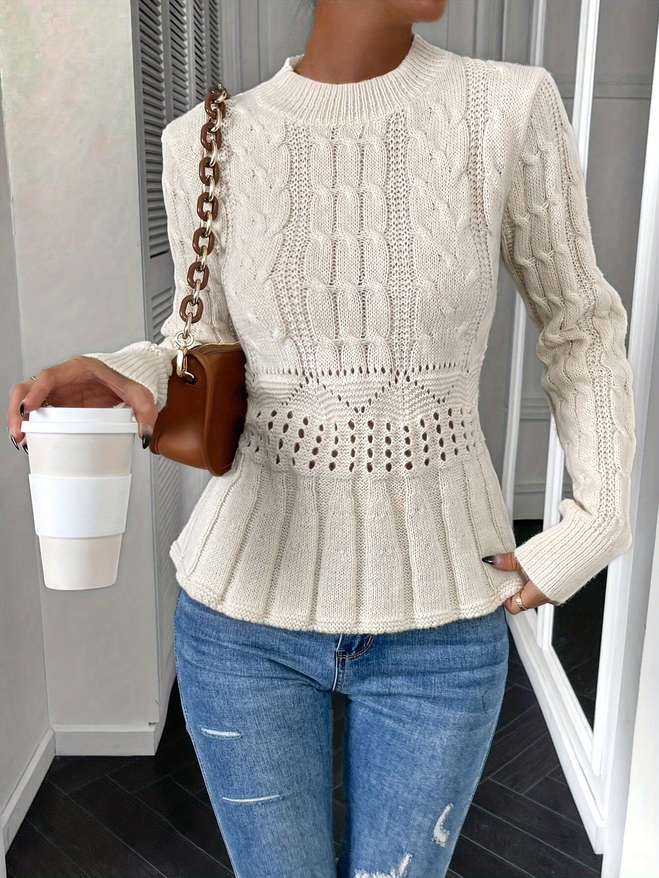 Womens Solid Cable Knit Crew Neck Sweater - Cozy & Stylish Hollow Out Design - Perfect for Fall & Winter Wardrobe - Long Sleeve Versatile Top