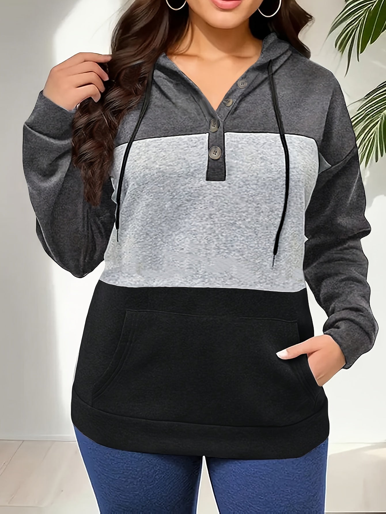 Plus Size Color Block Drawstring Hoodie, Casual Long Sleeve Kangaroo Pocket Button Front Hooded Sweatshirt