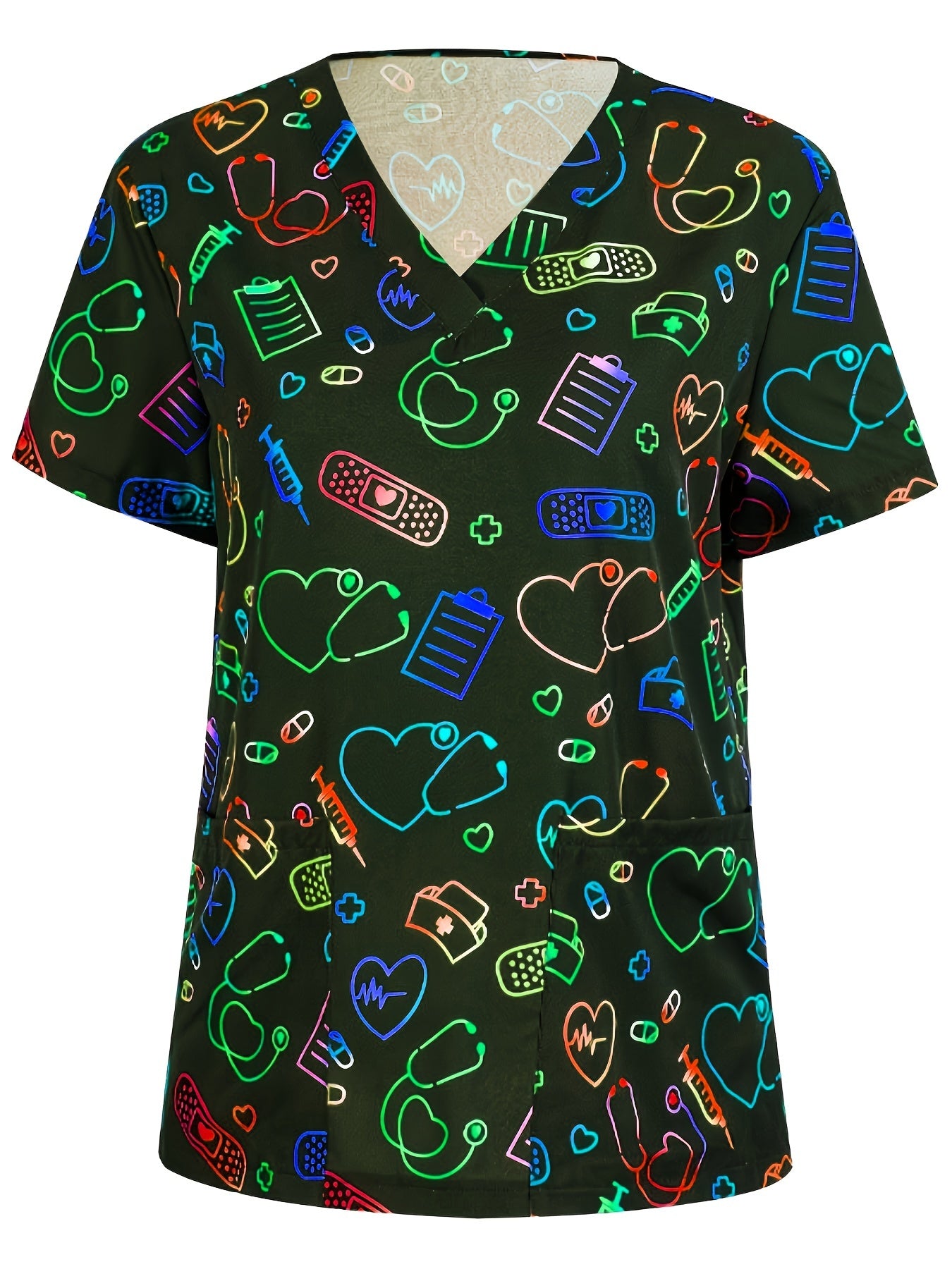 Heart Print V Neck Scrub Tops, Elegant Short Sleeve Patched Pockets Nurse Uniform, Women's Clothing