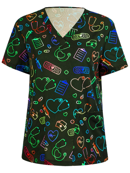 Heart Print V Neck Scrub Tops, Elegant Short Sleeve Patched Pockets Nurse Uniform, Women's Clothing