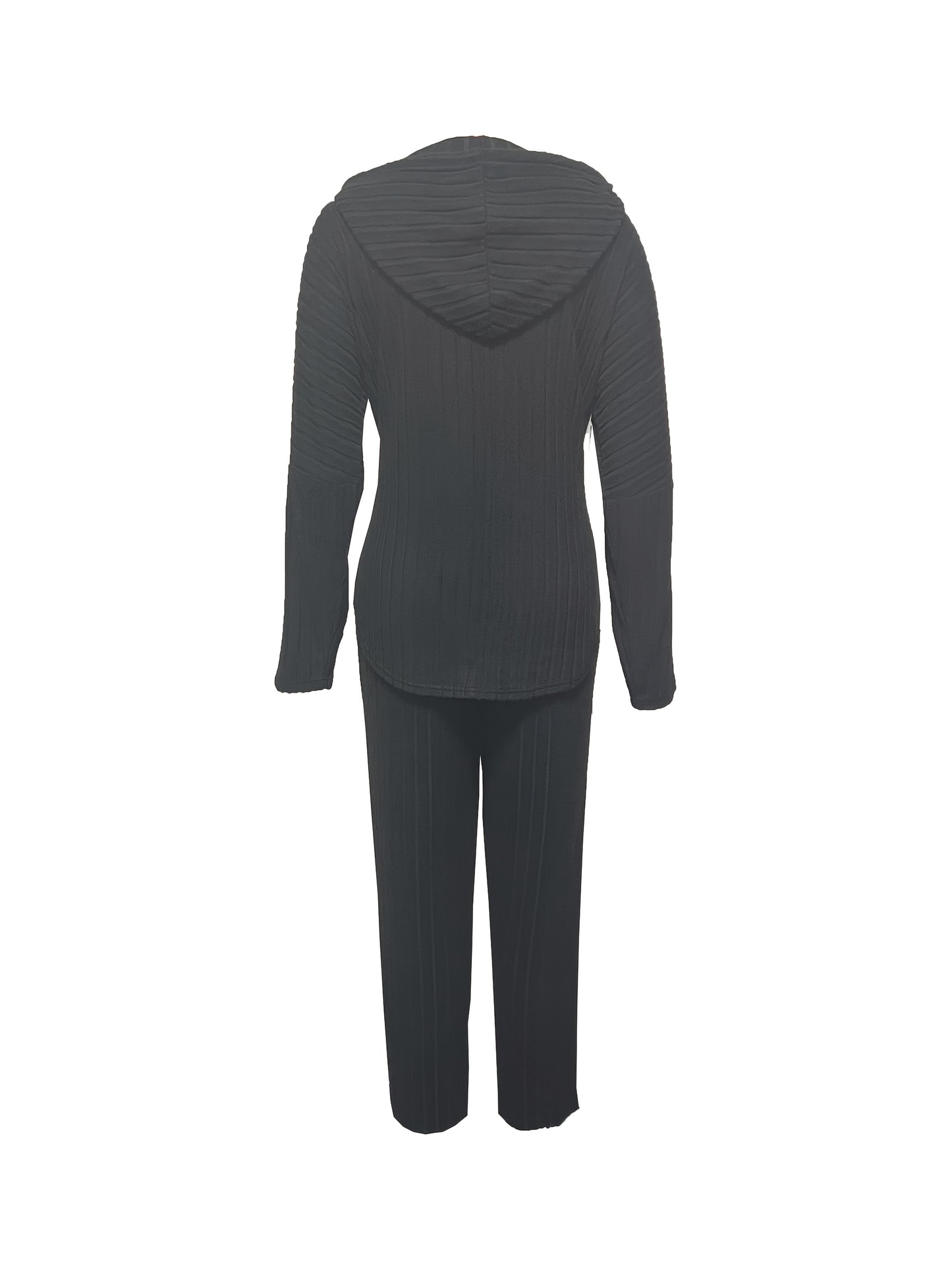 Conjunto de moda de talla grande para mujer, tejido de punto 100 % poliéster con elasticidad media, sudadera con capucha de color sólido y pantalones con detalle de cordón