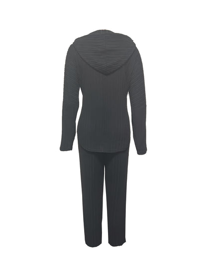 Conjunto de moda de talla grande para mujer, tejido de punto 100 % poliéster con elasticidad media, sudadera con capucha de color sólido y pantalones con detalle de cordón