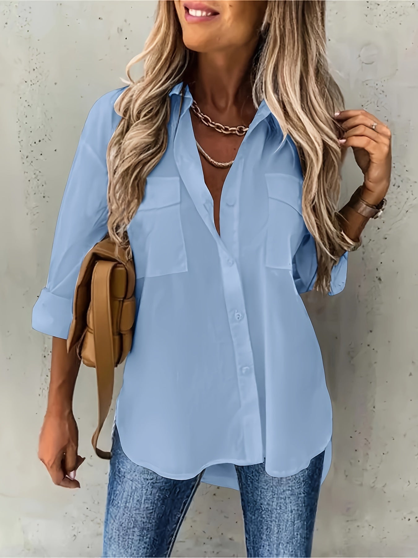 Plus Size Womens Charming Blouse - Long Sleeve Solid Shirt with Flattering Lapel Collar & Stylish Button-Up Design, Trendy Plus Size Top featuring Practical Flap Pockets for Casual Chic Style