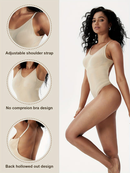 Simple Solid Shaping Bodysuit, Tummy Control Slimming Thong Body Shaper, Women's Underwear & Shapewear