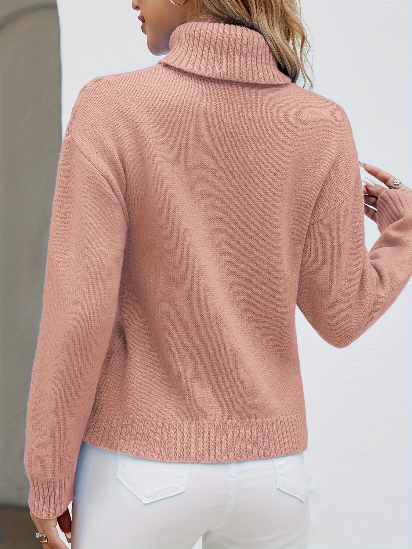 Solid Color Long Sleeve Sweater, Casual Turtle Neck Sweater For Winter & Fall