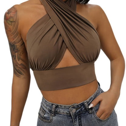 Stretchy Cut Out Cross Halter Top, Sexy Backless Crop Top