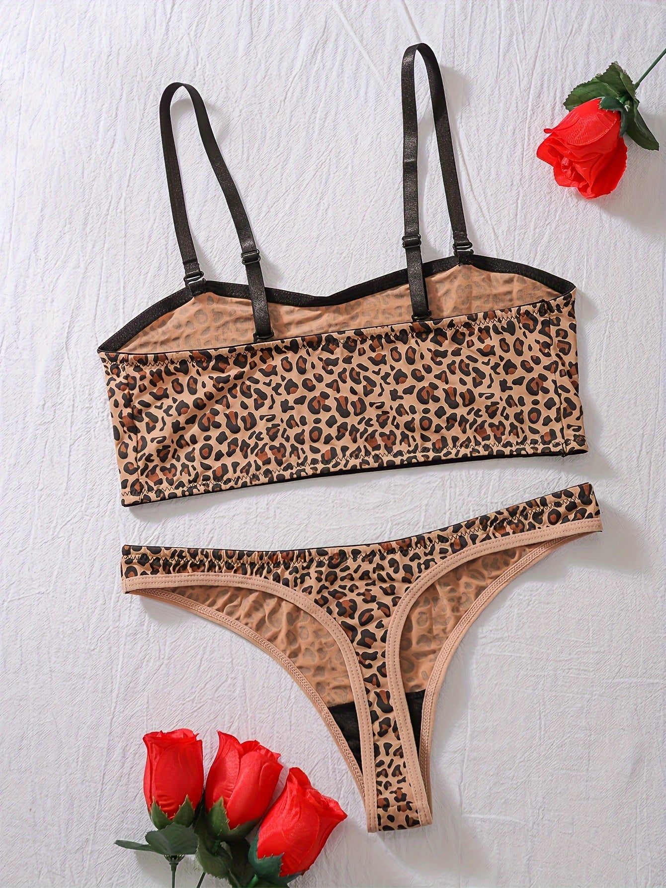 Sultry Leopard Print Lingerie Set - Full Coverage Camisole Bra & Thong - LuxyXO