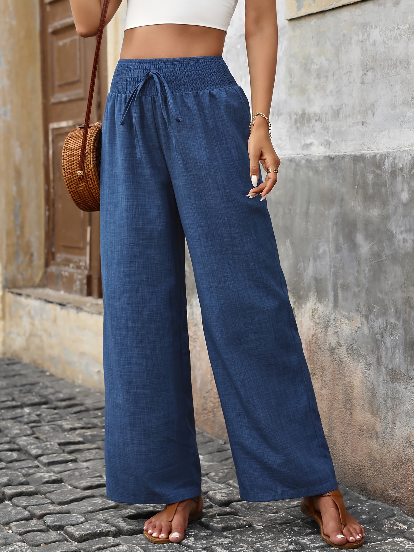 Solid Color Fake Drawstring Wide Leg Pants - Casual High Waist Versatile Pants