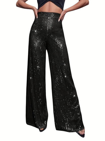 Womens Glitter Sequin Pants Sparkly Wide Loose Trousers Straight Leg Palazzo Pants Shiny Dance Bling Party Clubwear