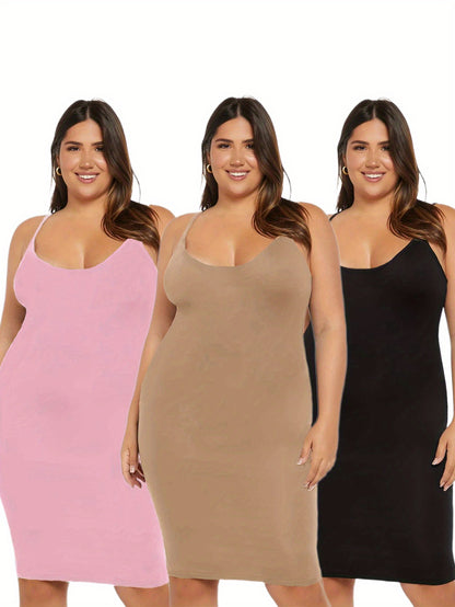 Conjunto de 3 vestidos camiseros de talla grande: vestidos ajustados de estiramiento medio con cuello redondo sólido para uso diario para mujer: suaves, transpirables y cómodos