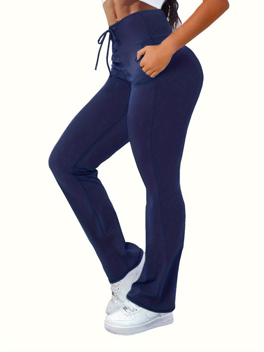 Plus Size Wide Waistband Flared Leg Yoga Pants - Tummy Control, Solid Color, Lace Up Front, Comfortable, Breathable, Four-Way Stretch, High-Waisted, Spring/Autumn Essential for Women