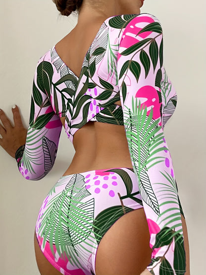 Tropical Print One-piece Swimsuit, Crew Neck Long Sleeves Backless High Cut -  Polyester & Spandex - For Women