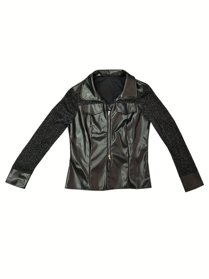 Blusa de piel sintética con botones en la parte delantera, elegante blusa ajustada de técnica mixta con mangas largas tipo ilusión para primavera y verano, ropa de mujer