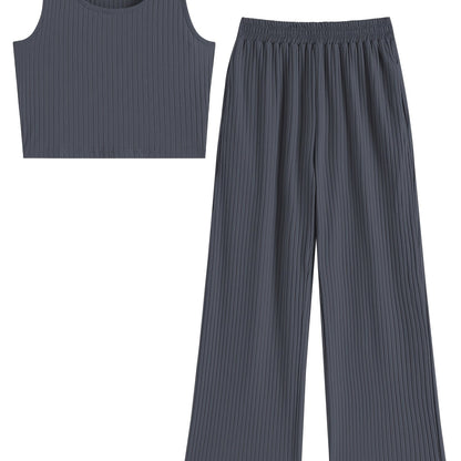 Women Two Piece Pajamas Set O Ring Solid Ribbed Knit Crop Tank Top Wide Leg Pants Set