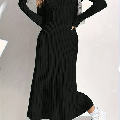 Women'S Ribbed Knit Long Sleeve Midi Dress, Casual Collar, Solid Color, Polyester, Fitted for Spring/Summer/Fall