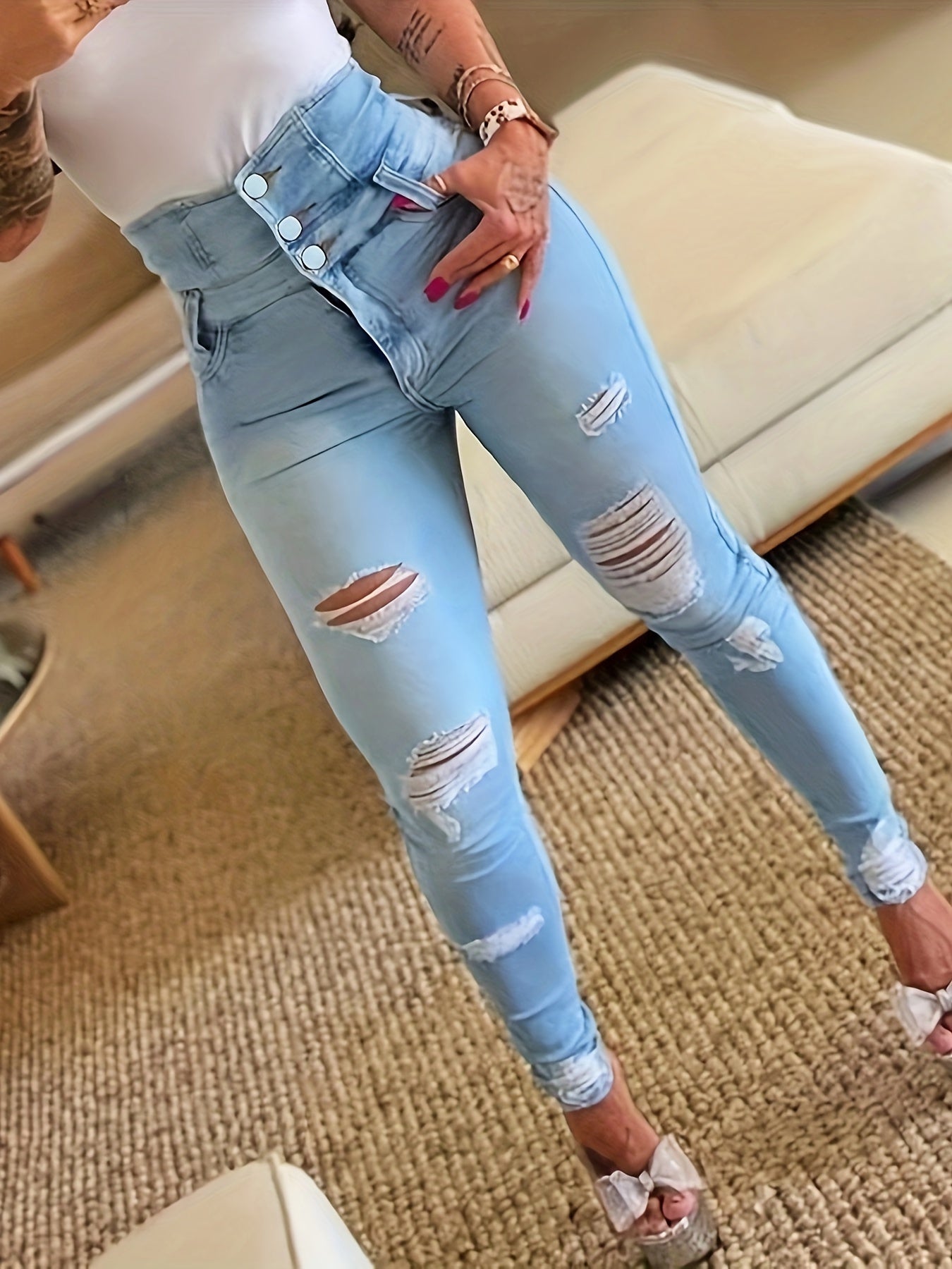 Plus Size Women's Solid High Rise Skinny Jeans - Ripped, Button Fly, Stretchy, Comfortable, Five-Pocket Design, Fashionable Casual Wear for Daily Life