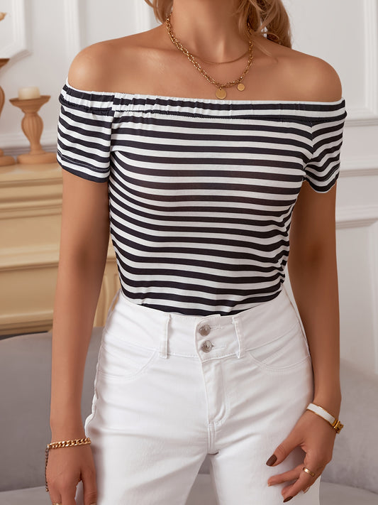 Off Shoulder Striped Blouse, Casual Short Sleeve Summer Blouse, Women's Clothing