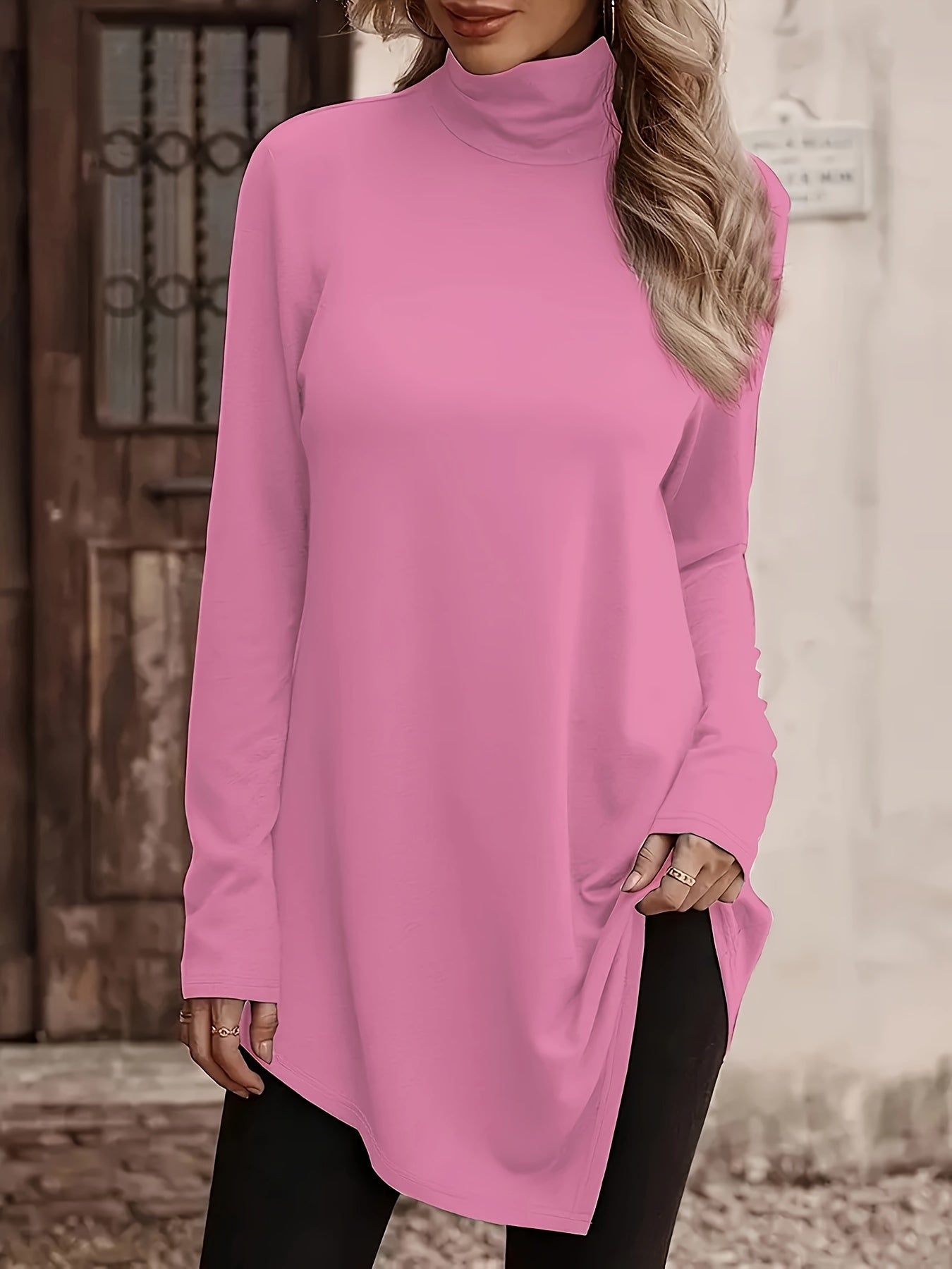 Plus Size Chic Tunic Top - Flattering Long Sleeves, Fashionable High Neck, Trendy Asymmetric Hem - Solid Color Casual Wear for Stylish Women