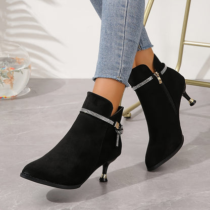 Dazzling Rhinestone Stiletto Heeled Boots - Fashion-Forward Womens Pointed Toe Dress Boots with Comfortable Fit & Smooth Side Zipper - For Glamorous Evening Outfits
