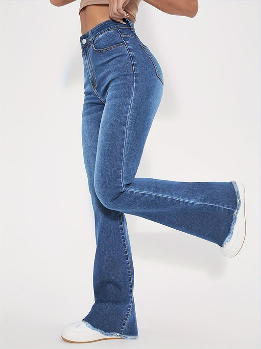 Soft Plain Washed Blue - Stylish Flare Leg Denim Pants