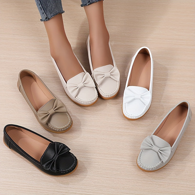 Women's Slip-On Flat Loafers with Non-Slip Sole, Faux Cover Upper and Lining, Bow Detail