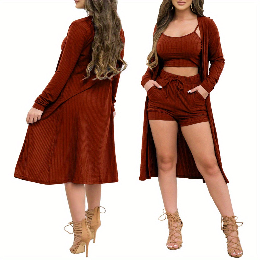 3pcs Elegant Set for Women: Solid Color Ribbed Crop Top, Tie-Waist Shorts & Open Front Cardigan - Stretchy