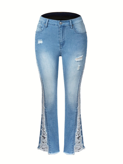 Plus size women's washed ripped fringe trim flare leg jeans with button fly and split hem, perfect for Carnaval music festival, front view.