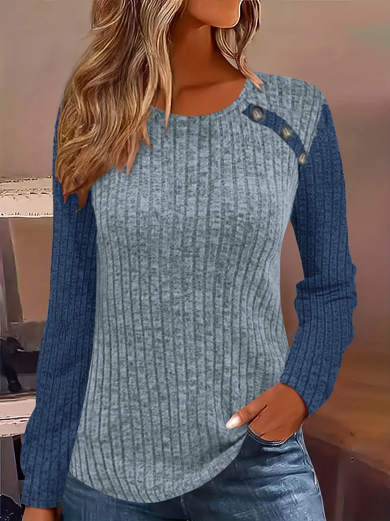 Vibrant Color Block Ribbed Long Sleeve Shirt