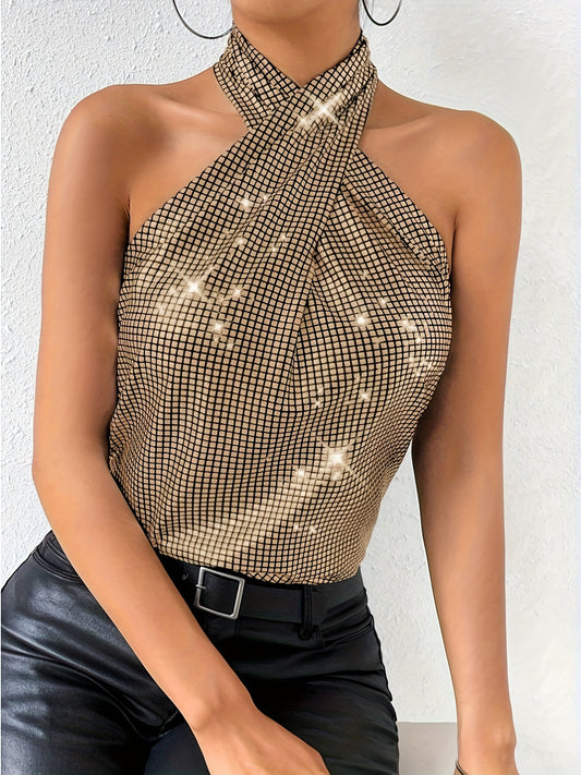 Camiseta sexy de tirantes con cuello halter y cuadros escoceses - Elasticidad media