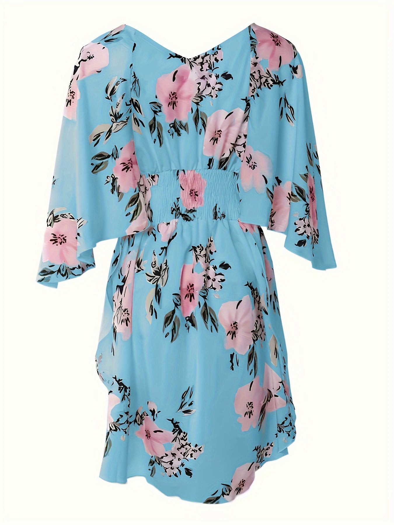 Vestido elegante de talla grande con escote en V y cintura fruncida con estampado floral, dobladillo irregular fluido, cómodo y transpirable, perfecto para primavera y verano, ropa de mujer de talla grande para ocasiones al aire libre e informales