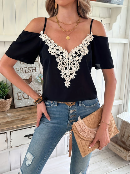 Lace Splicing V-neck Cami Blouse - Delicate Ruffled Bell Sleeve, Trendy Cold Shoulder, Flattering V-neckline, Intricate Lace Splicing - Perfect for Spring and Summer Occasions, Designed Specifically for Womens Fashion